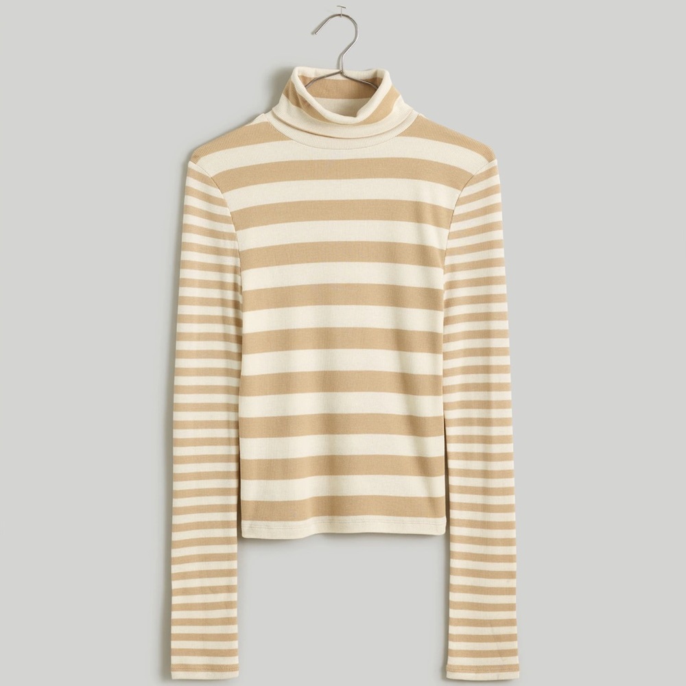 Madewell Cream and Tan Striped Long Sleeve Turtleneck Tee